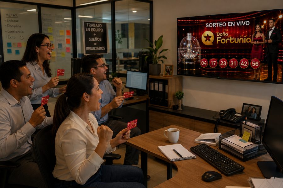 Equipo celebrando un sorteo en vivo de Doña Fortunia